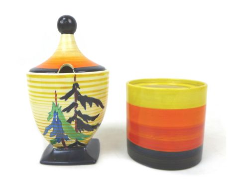 A Clarice Cliff Wilkinson Ltd 'Pine grove' preserve pot with lid, shape 690, 14cm high, together with a banded drum shaped po