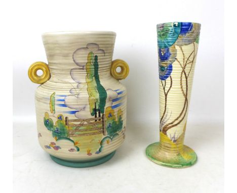 Two large Clarice Cliff vases, comprising a ribbed 'Stile and Trees' patterned vase with swollen shoulder and tapering neck w