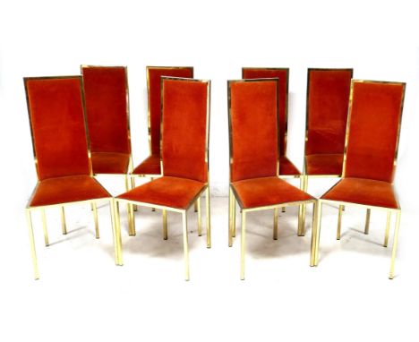 A set of eight vintage Italian dining chairs, circa 1970s, designed by Renato Zevi, with brass square section angular frames 