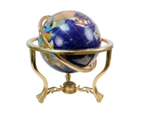 A semi-precious style stone inlaid globe, on gilt metal stand with compass to its base, 41 by 48cm high. 