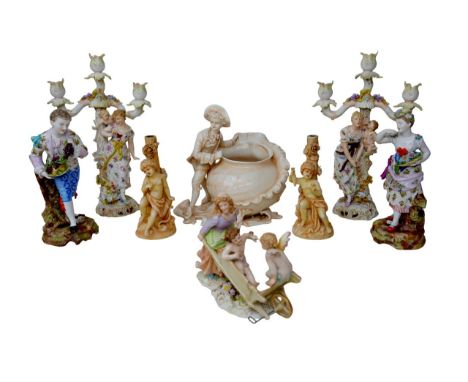 A collection of eight pieces of 19th century and later German porcelain, including a Rudolstadt rose bowl, 23 by 17 by 25cm h