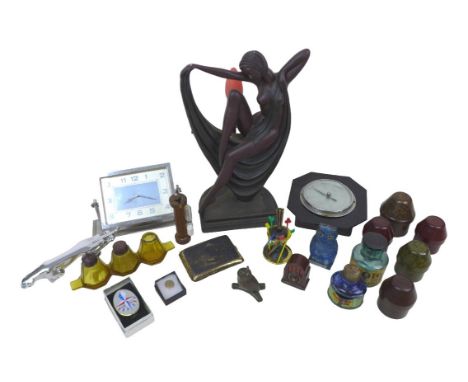 A collection of mixed collectables, including a repro Art Deco lamp of a woman in drapery, 35.5cm high, a chrome Art Deco man