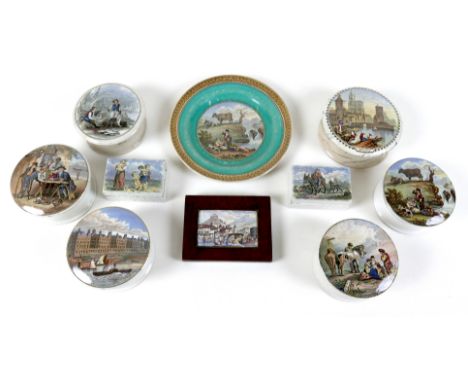 A group of Victorian Prattware and other ceramic pot lids, comprising six with ciriclar lids, 11 by 5.5cm, a dish, 18.5cm, a 