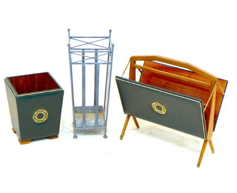 A vintage Furnway leather covered wastepaper bin and matching magazine rack, 50 by 32 by 57cm high, together with a modern me