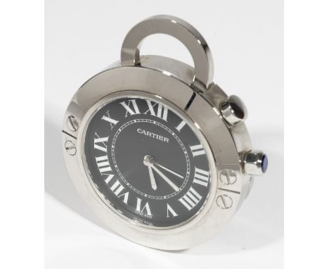 Cartier: a stainless steel Pasha travel alarm clock, model number 2754, the black dial with Roman numerals, case numbered 522