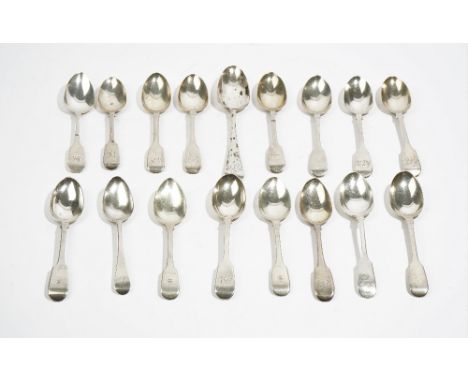 Silver table flatware, comprising: two fiddle pattern dessert spoons, London 1846, two fiddle pattern dessert spoons, London 