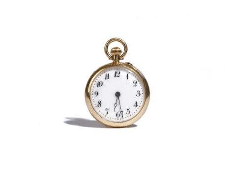 A gold cased, keyless wind, openfaced lady's fob watch, with an unsigned gilt jewelled lever movement, the enamelled dial wit