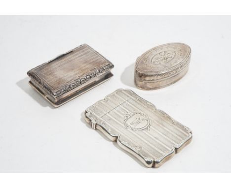 Silver, comprising; a Victorian shaped rectangular visiting card case, decorated with engine turned bands, Birmingham 1851, a