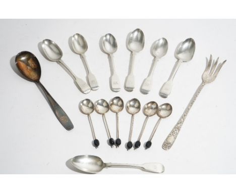 Silver flatware, comprising; four Victorian fiddle pattern teaspoons, Newcastle 1860, three Victorian fiddle pattern teaspoon