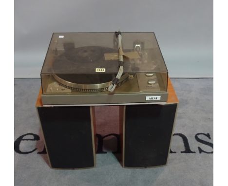AKAI AP30 6C, a modern record player, 42cm wide x 15cm high, and WHARFEDALE DIAMOND 8.2,  a pair of speakers, 21cm wide x 38c