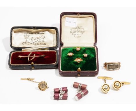 A pair of Links London silver cufflinks, another pair of cufflinks, a gold and seed pearl set bar brooch, with a wishbone mot