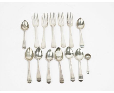 Silver table flatware, comprising; five Old English pattern dessert forks, four London 1800 and one London 1802, eight Old En