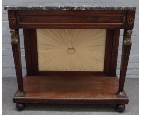 A French Empire console, the slide marble top exposing a pop up twin shelf back over single drawer on caryatid supports, 94cm