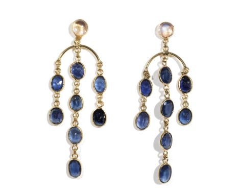 A pair of precious yellow metal, moonstone and sapphire-set pendant earrings, of chandelier design, 3.4gms.