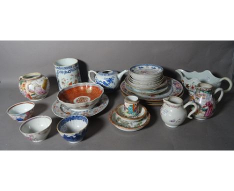 A quantity of Asian ceramics, mostly 18th century Chinese export porcelain, including a blue and white teapot, famille-rose p