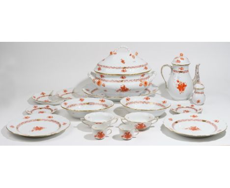 A Herend porcelain `Chinese Bouquet Rust' pattern part dinner and coffee service, comprising; an oval soup tureen and cover (