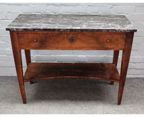 A 19th century French console, the marble top over a mahogany single drawer base, 97cm wide x 76cm high.