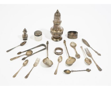 Silver and silver mounted wares, comprising: a Britannia standard sugar caster, probably London 1899, a pepperette, a small f