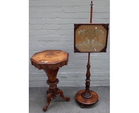 An early Victorian rosewood trumpet shaped work box, with fitted interior and tripod base, 46cm wide x 74cm high, together wi