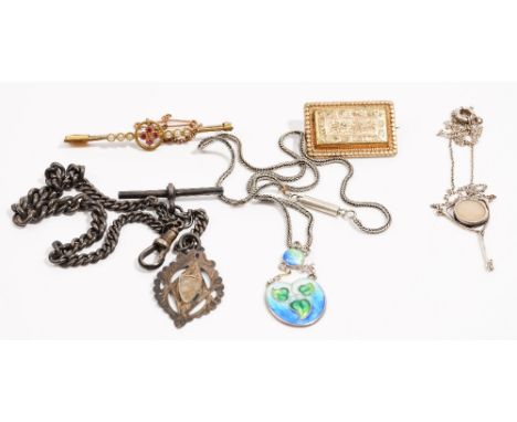 A Sterling silver, blue and green enamelled pendant, with a trefoil motif, with a neckchain, a silver curb link watch Albert 