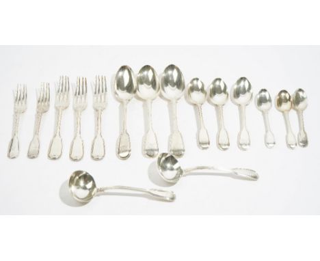 A George IV silver fiddle and thread pattern part canteen of table flatware, by Charles Eley, London 1825, double struck, com