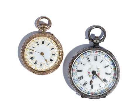 A gold cased, keyless wind, openfaced lady's fob watch, with an unsigned gilt cylinder movement, gilt metal inner case, the e