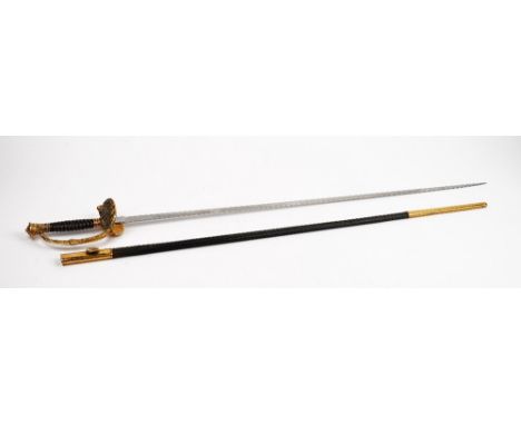 A Naval officer's sword, early 20th century, with straight, double edged steel blade (78cm), folding brass guard with anchor 