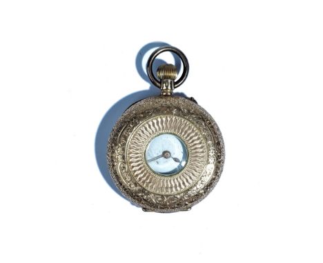 A gold cased, keyless wind, half hunting cased lady's fob watch, with an unsigned gilt cylinder movement, gilt metal inner ca