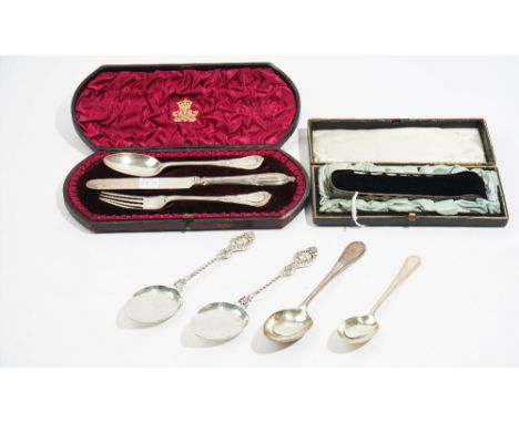 Silver flatware, comprising; a pair of sugar tongs, with bright cut and pierced decoration, probably Sheffield 1794, a three 