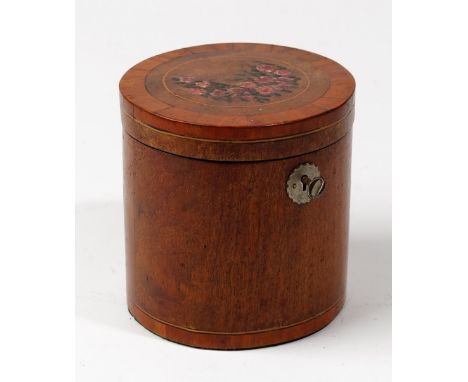 A George III satinwood banded later polychrome painted circular mahogany tea caddy, 14cm diameter x 14cm high, together with 