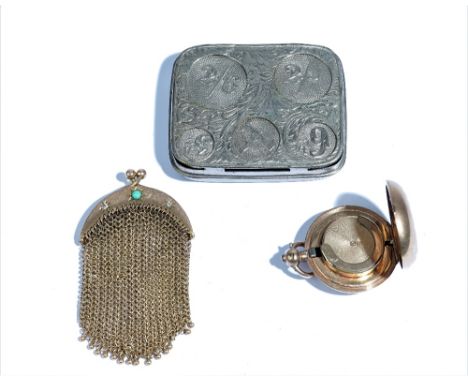 A lady's gold, diamond and turquoise set chain mesh purse, the curved mount star set with two cushion shaped diamonds and wit