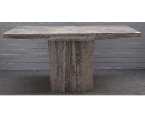 A pair of 20th century Italian marble console tables, each with rectangular tops on single pedestal bases, 140cm wide x 73cm 