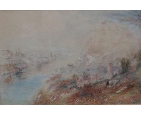 Manner of Joseph Mallord William Turner, View of an estuary town, pastel, 25.5cm x 38cm.