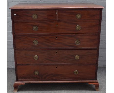 A George III mahogany secretaire chest, the fitted drawer over three further long graduated drawers on ogee bracket feet, 112