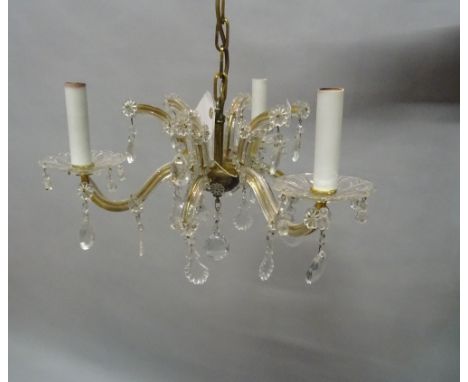 A Victorian style glass six branch hanging chandelier, 45cm wide x 41cm high, and a matching smaller pair, 35cm wide x 18cm h