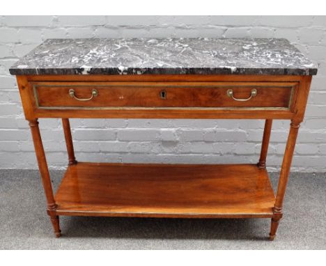 A French walnut and brass bound console table, 19th century, with grey veined marble top, frieze drawer and undertier, 103cm 