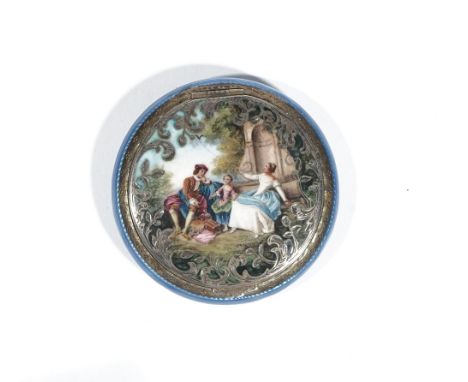 An Austrian silver gilt and enamelled powder compact of circular design, the hinged lid enamelled in colours with figures in 