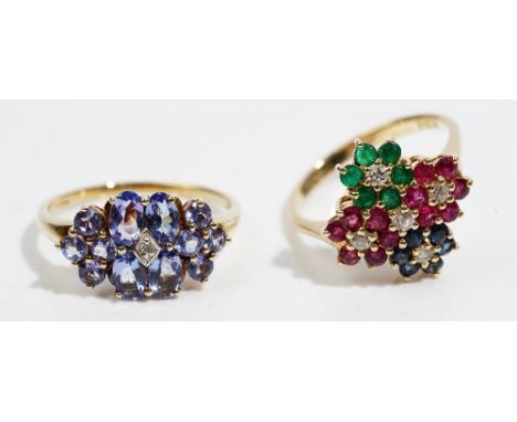 A 9ct gold, tanzanite and diamond cluster ring, ring size N and a half and a gold, diamond, ruby, sapphire and emerald ring, 