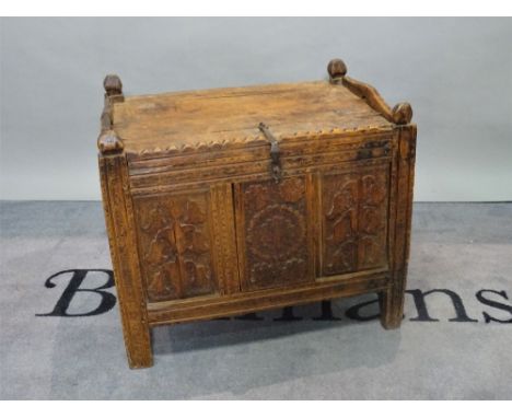 An early 19th century carved hardwood Afghan trunk, 66cm wide x 56cm high. 