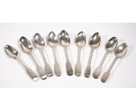 Silver spoons, comprising; three Scottish fiddle pattern dessert spoons, two Irish fiddle pattern dessert spoons, one Exeter 