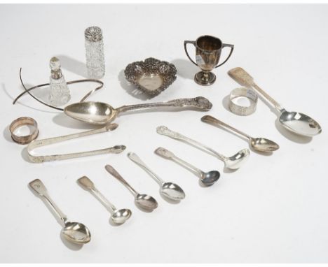 Silver and silver mounted wares, comprising; a bonbon dish, a twin handled trophy cup, two napkin rings, a pair of sugar tong