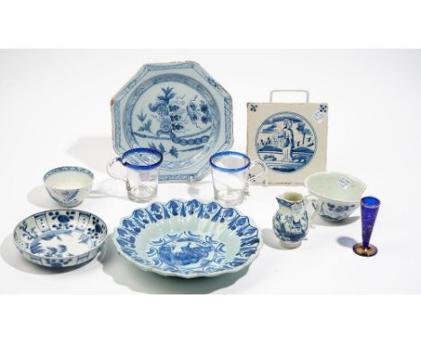 A group of European and Asian blue and white ceramics, various dates, comprising; a faience small lobed dish, probably Frankf