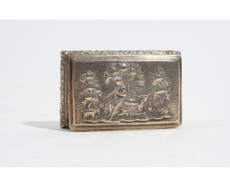 A George IV silver rectangular hinge lidded snuff box, the cover decorated with a figure playing a pipe, animals and trees be