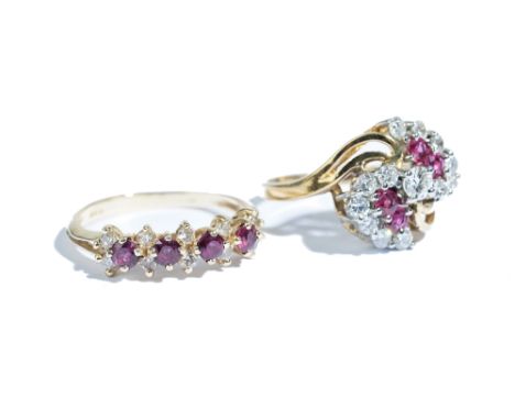 A gold, diamond and ruby ring, in a spiral cluster design, claw set with the principal circular cut diamond between diamond s