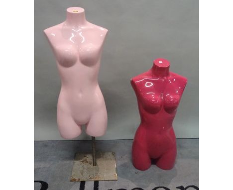 A modern pink mannequin torso on chrome base, 102cm high, and another lacking base, 78cm high, (2). 