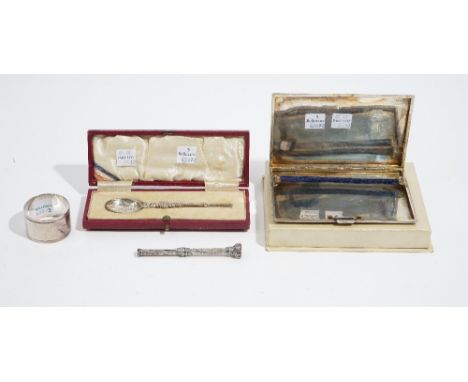 Silver and silver mounted wares, comprising; a rectangular cigarette case with engine turned decoration, Birmingham 1950, a n