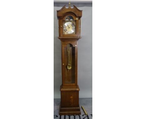 A modern oak longcase clock, one pendulum, three weights, 41cm wide x 209cm high. 