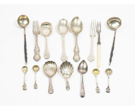 Silver flatware, comprising; a christening spoon and fork, London 1855, another christening spoon and fork, London 1894, two 