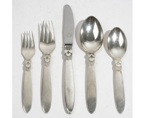 Georg Jensen; Cactus pattern five-piece sterling silver place setting, tablespoon, fork and knife, dessert spoon and fork, 5.