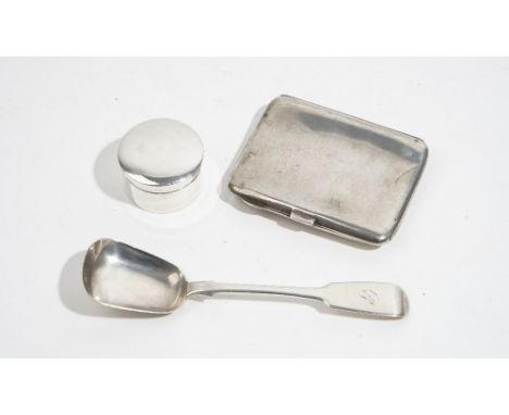 Silver, comprising; a fiddle pattern preserve spoon, Exeter 1855, a circular pill box, Birmingham 1919 and a rectangular ciga